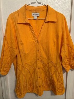Peck & Peck Women's Orange Embroidered Button-Front Top L